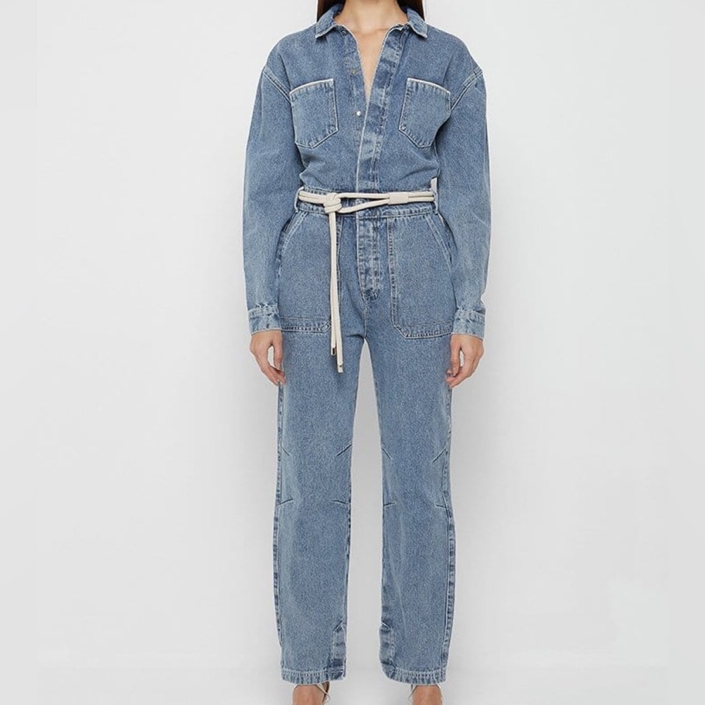 NWT Maniere De Voir Denim Biker Jumpsuit - Mid Blue Size US 4